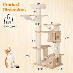 69 Inch Rubber Wood Cat Tree with a Space Capsule, U Hammock and Two Condos