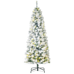 6ft Prelit Artificial Pencil Christmas Tree, Snow Flocked Slim Xmas Tree with Warm White LED Lights - Green