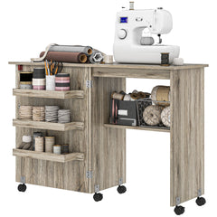 Sewing Machine Cabinet, Folding Sewing Table with Storage Shelf, Bins and Lockable Wheels for Small Space, Brown