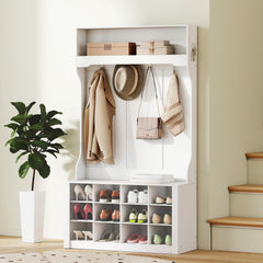 4-In-1 Hall Tree with Bench and Shoe Storage, Farmhouse Coat Rack Shoe Bench with 12 Shoe Cubbies, 6 Hooks, Dark Brown