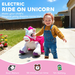 12V Unicorn Ride on Toy, Battery Powered Kids Electric Ride on Horse with Carrot Toy, Comb, Animal Sounds