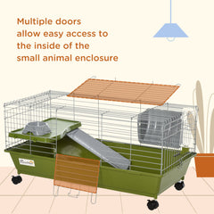 Small Animal Cage, Rolling Bunny Cage, Guinea Pig Cage with Food Dish, Water Bottle, Hay Feeder, Platform, Ramp, Black