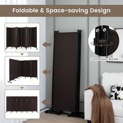 6 Panel 5.7 Feet Tall Rolling Room Divider on Wheels-Walnut
