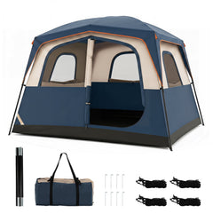6-Person Camping Tent Easy Setup Family Cabin Tent with Top Rainfly Mesh Windows-Blue