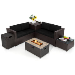 6 Piece Wicker Patio Conversation Set with 32 in Propane Fire Pit Table, Black Cushions