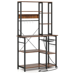 6-Tier Bakers Rack with Power Outlet Stand Wooden Open Shelves-Rusticbrown