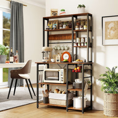 6-Tier Bakers Rack with Power Outlet Stand Wooden Open Shelves-Rusticbrown