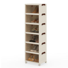 6-Tier Stackable Shoe Box with Lid Doors and Lockable Wheels-White