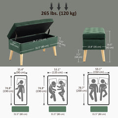 Storage Ottoman with Lid, Velvet Upholstered Storage Bench with Wood Legs for Living Room, Black