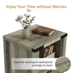 Side Table with Storage, Farmhouse End Table with Drawer, Open Shelf and Barn-style Panel, Nightstand for Living Room, Bedroom, Oak