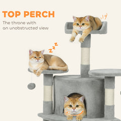 62" Cat Tree with Scratching Post, 2 Condos, Hammock, Perches, Plush, Pompoms, for Indoor Cats, Beige