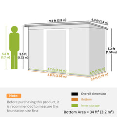 9' x 4' Garden Metal Storage Shed Outdoor Equipment Tool Box with Foundation Kit, Ventilation & Doors, Light Grey