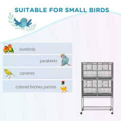 61"H Divided Breeder Bird Cage with Rolling Stand Removable Metal Tray, Storage Shelf, Wood Perch, and Food Container, Dark Grey
