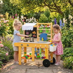 Mud Kitchen for Kids Outdoor with Wheels, Wooden Play Kitchen with Sink, Storage, Planting Pots, Blackboard, Yellow