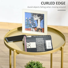 2-Tier Gold Side Table, Round Nightstand with Removable Trays Folding Metal Frame Adjustable Foot End Table for Living Room Bedroom
