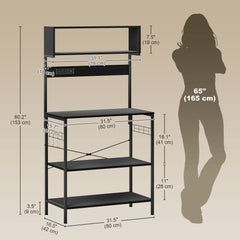 Baker's Rack with Charing Station, Microwave Shelf with Power Outlet, USB Charger and 5 Hooks, Black