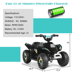 6V Kids Electric Ride On ATV Quad with 12000 RPM Motor and 45 Minute Run Time, Black