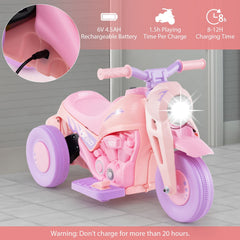 6V 3 Wheel Kids Ride On Bubble Motorcycle with 1.5 Hour Playing Time, Pink and Purple