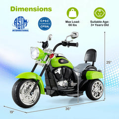 6V 3 Wheel Toddler Chopper Motorbike with Wide Saddle, Backrest and Mirrors, Green