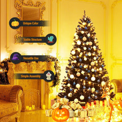 7.5 FT Black Artificial Halloween Christmas Tree, Hinged, 1258 PVC Tips with Metal Stand