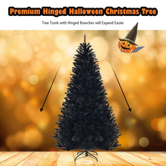 7.5 FT Black Artificial Halloween Christmas Tree, Hinged, 1258 PVC Tips with Metal Stand