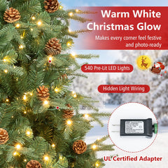 7.5 FT Pre-Lit Artificial Christmas Tree with 71 Pine Cones, 540 Warm White LEDs and PE PVC Tips