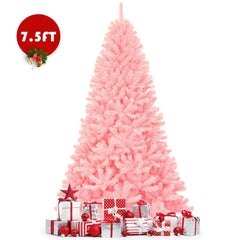 7.5 FT Pink Artificial Christmas Tree, Hinged Full Fir with 1258 PVC Tips and Metal Stand