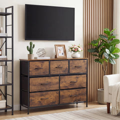 7-Drawer Wide Dresser with 2-Sized Folding Fabric Drawers for Bedroom-Rustic Brown