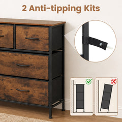 7-Drawer Wide Dresser with 2-Sized Folding Fabric Drawers for Bedroom-Rustic Brown