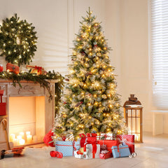 7 FT Pre-Lit Snow Sprayed Christmas Tree, 1072 Tips, 40 Pine Cones, 40 Berry Clusters, 350 LEDs