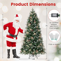 7 FT Pre-Lit Snow Sprayed Christmas Tree, 1072 Tips, 40 Pine Cones, 40 Berry Clusters, 350 LEDs