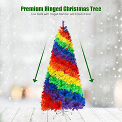 7 FT Rainbow Artificial Christmas Tree, Unlit Hinged Xmas Tree with 1213 Tips and Metal Stand