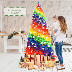 7 FT Rainbow Artificial Christmas Tree, Unlit Hinged Xmas Tree with 1213 Tips and Metal Stand