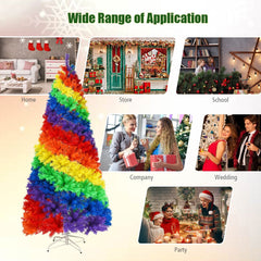 7 FT Rainbow Artificial Christmas Tree, Unlit Hinged Xmas Tree with 1213 Tips and Metal Stand