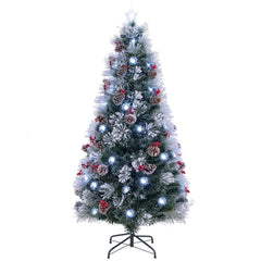 7 FT Slim Flocked Christmas Tree with Fibre Optics, Pine Cones, Red Berries and 8 Lighting Modes