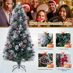 7 FT Slim Flocked Christmas Tree with Fibre Optics, Pine Cones, Red Berries and 8 Lighting Modes