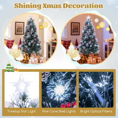 7 FT Slim Flocked Christmas Tree with Fibre Optics, Pine Cones, Red Berries and 8 Lighting Modes