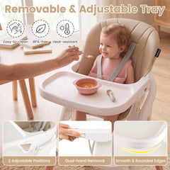 7-in-1 Convertible Foldable Baby High Chair with Adjustable Tray for Kids-Beige