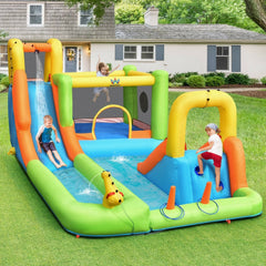 8-in-1 Inflatable Water Park with Long Slide, Jumping Area and Ring Toss, 735W Blower