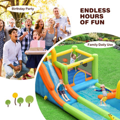 8-in-1 Inflatable Water Park with Long Slide, Jumping Area and Ring Toss, 735W Blower