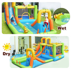 8-in-1 Inflatable Water Park with Long Slide, Jumping Area and Ring Toss, 735W Blower