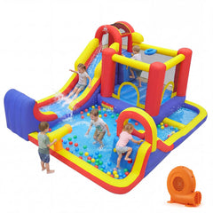 7-in-1 Inflatable Water Park with Surfing Runout Slide, Splash Pool and 750W Blower