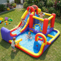 7-in-1 Outdoor Inflatable Bounce House with Dual Slides, Splash Pool and Climbing Wall