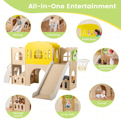 7-in-1 Toddler Slide Set for Kids with Climber and Basketball Hoop-Multicolor