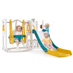 7-in-1 Toddler Swing and Slide Set L-shaped with Ladder and Basketball Hoop-Yellow
