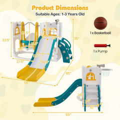 7-in-1 Toddler Swing and Slide Set L-shaped with Ladder and Basketball Hoop-Yellow
