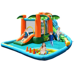 Palm Tree Inflatable Water Park with Two Slides, Ball Pit and Climbing Wall