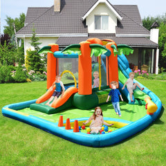 Palm Tree Inflatable Water Park with Two Slides, Ball Pit and Climbing Wall