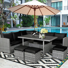 7 Piece Wicker Patio Sectional Dining Set, 3 Loveseats, Slatted Top Table and 3 Ottomans, Black on Grey