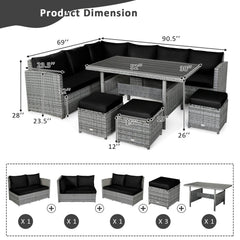 7 Piece Wicker Patio Sectional Dining Set, 3 Loveseats, Slatted Top Table and 3 Ottomans, Black on Grey